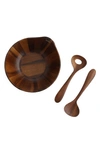 Nambe Portables Wood Salad Bowl With Servers In Brown