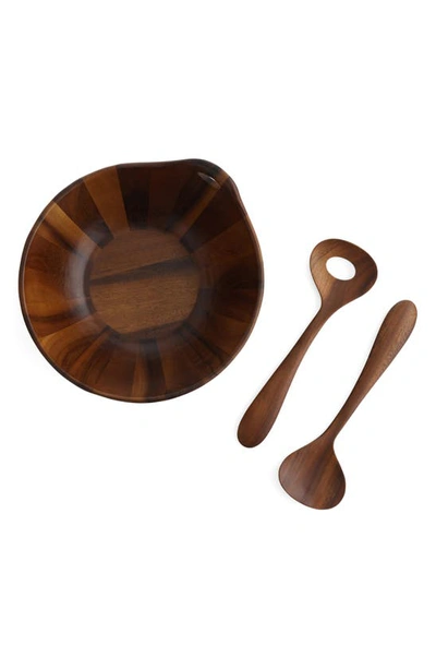 Nambe Portables Wood Salad Bowl With Servers In Brown