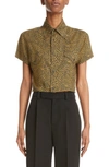 Saint Laurent Warped Leopard Print Short Sleeve Crop Snap-up Shirt In Black/ Camel
