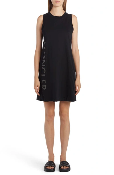 Moncler Logo Sleeveless Mixed Media Shift Dress In Nero