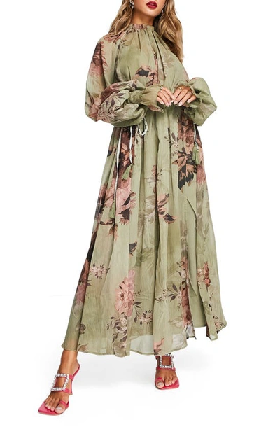 Asos Design Floral Print Plissé Long Sleeve Maxi Dress In Green