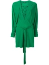 Balmain Lace-up Belted Batwing Dress, Emerald Green In Green