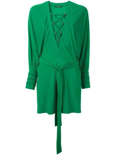 Balmain Lace-up Belted Batwing Dress, Emerald Green