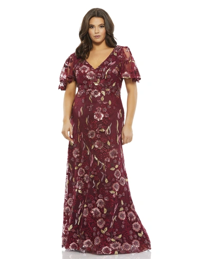 Mac Duggal Floral Embellished Butterfly Sleeve Gown (plus) In Cranberry