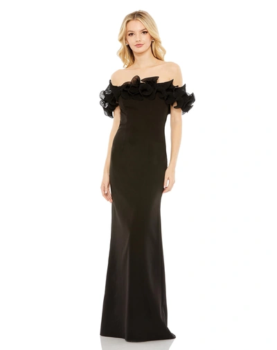 IEENA FOR MAC DUGGAL OFF THE SHOULDER RUFFLE DETAIL COLUMN GOWN