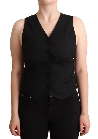 Dolce & Gabbana Black Button Down Sleeveless Vest  Viscose Top
