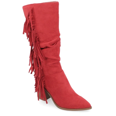 Journee Collection Women's Hartly Extra Wide Calf Slouchy Western Fringe Mid Shaft Boots In Red