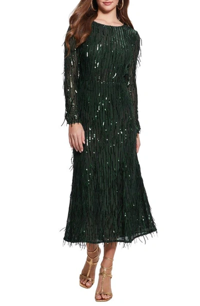 Guess Elodie Sequin Fringe Long Sleeve Mesh Maxi Dress In Moss Mat Multi