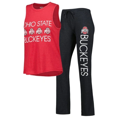 Concepts Sport Women's  Scarlet, Black Ohio State Buckeyes Badge T-shirt And Flannel Pants Sleep Set In Scarlet,black
