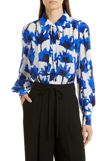 Jason Wu Floral Tie Neck Chiffon Blouse In Blue Multi