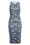 Ganni Printed Mesh Ruched Sleeveless Midi Dress In Brunnera Blue