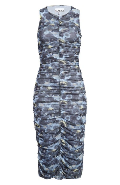 Ganni Printed Mesh Ruched Sleeveless Midi Dress In Brunnera Blue