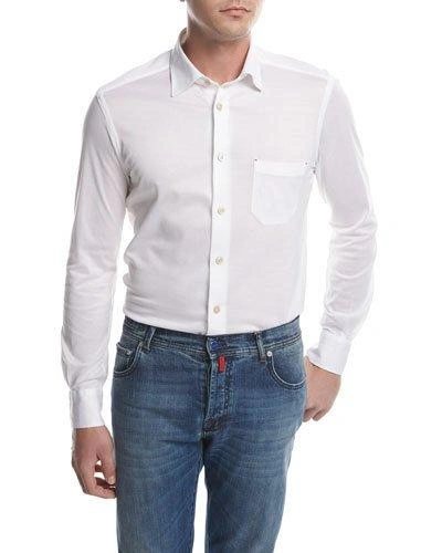 Kiton Piqu&eacute; Knit Oxford Shirt, White
