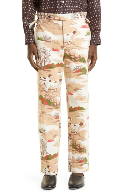Bode Pointing Dog-print Cotton Trousers In Brown
