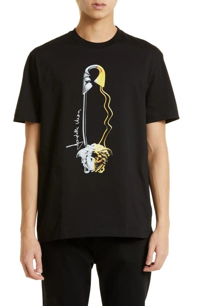 Versace Safety Pin-print Organic Cotton T-shirt In Black