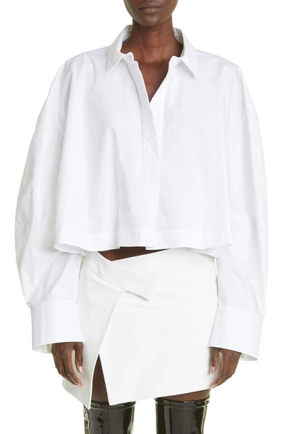 Attico Jill Stripe Balloon Sleeve Crop Button-up Shirt In White
