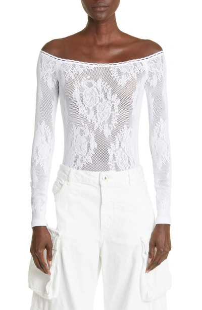 Attico Kim Off The Shoulder Floral Lace Bodysuit In White