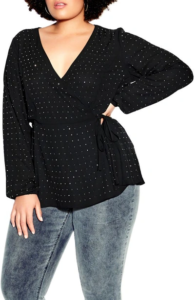 City Chic Bling Flirt Embellished Wrap Blouse In Black