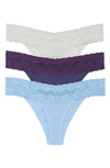 Natori Bliss 3-pack Perfection Lace Trim Thongs In Dsk/blu/rn