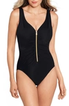 Miraclesuit Razzle Dazzle Zip-up One-piece Swimsuit In Black