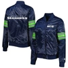 Starter College Navy Seattle Seahawks Line Up Satin Full-snap Varsity Jacket In Navy