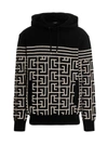 Balmain Black Hoodie With Monogram And Stripes In Wool And Linen Man In White/black