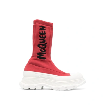 Alexander Mcqueen Sock-style Logo-print Boots In Red