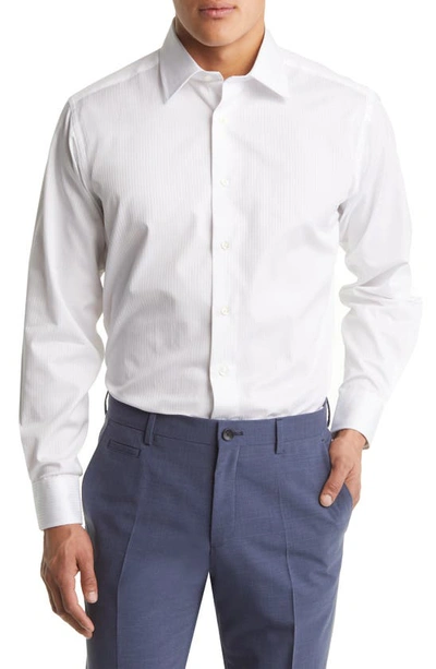 David Donahue Trim Fit Dobby Stripe Dress Shirt In White