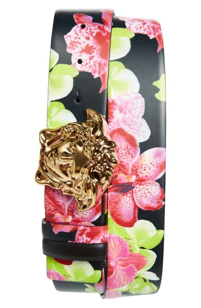 Versace Men's La Medusa Reversible Orchid Print Leather Belt In 5b02v Black+multicol