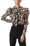 Bardot Amielie Floral Puff Sleeve Tie Neck Blouse In Apricot Floral