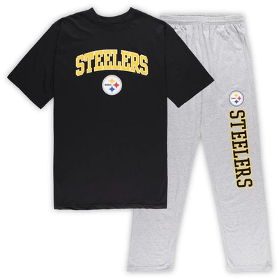 Concepts Sport Men's  Black And Heather Grey Pittsburgh Steelers Big And Tall T-shirt And Trousers Sleep In Black,heather Grey