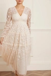 Needle & Thread Celestia Ribbon Long Sleeve V-neck Gown In Champagne