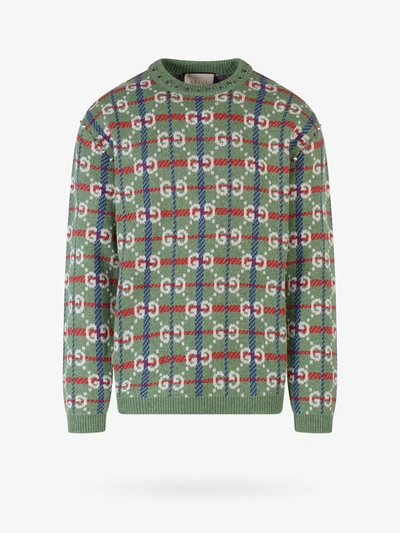 Gucci Gg Check Knit Wool Sweater In Green