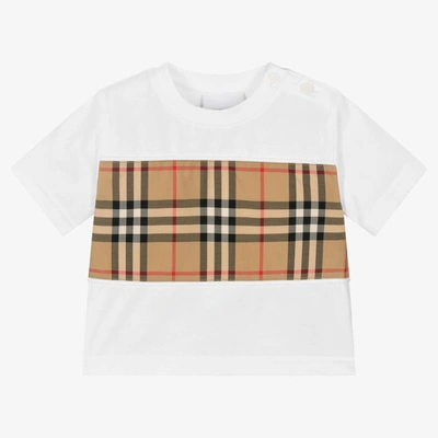 BURBERRY WHITE COTTON CHECK BABY T-SHIRT