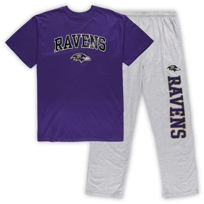 Concepts Sport Men's  Purple, Heathered Gray Baltimore Ravens Big And Tall T-shirt And Pants Sleep Se In Purple,heathered Gray