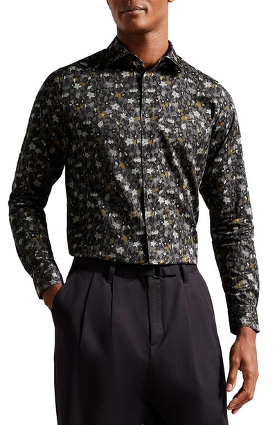 Ted Baker Torted Ls Floral Print Shirt In Grey