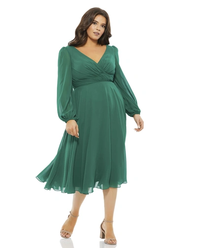 MAC DUGGAL GREEN CHIFFON BISHOP SLEEVE SURPLICE DRESS (PLUS)