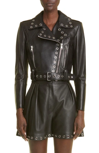 Alexander Mcqueen Rivet-embellished Cropped Leather Biker Jacket In Black Silver