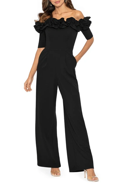 Xscape Ruched Ruffle Scuba Crepe Jumpsuit In Black