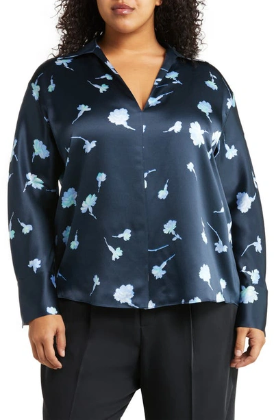 Vince Sea Carnation Shaped-collar Printed Silk Top In Blue