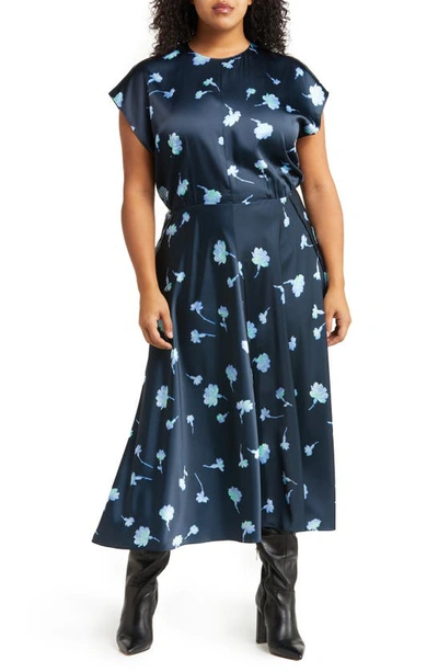 Vince Sea Carnation Floral Satin Midi Dress In Blue