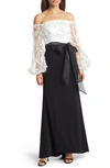 Eliza J Floating Petals Off The Shoulder Gown In White/ Black