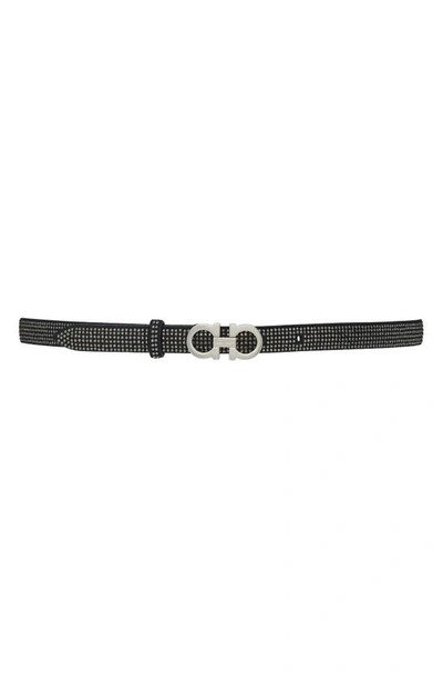 FERRAGAMO DOUBLE GANCIO CRYSTAL EMBELLISHED LEATHER BELT