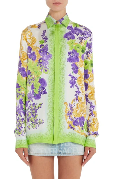 Versace Floral And Logo-print Button Down Silk Blouse In White,green
