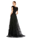 MAC DUGGAL EMBELLISHED FEATHER CAP SLEEVE BATEAU A LINE GOWN