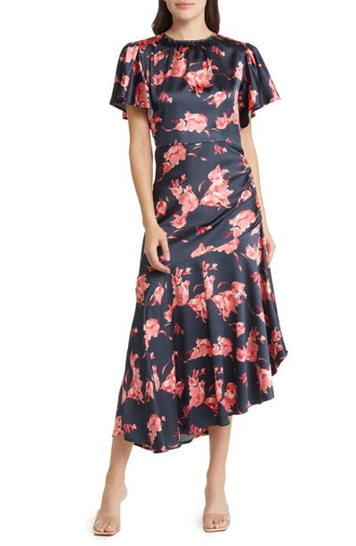 Chelsea28 Flutter Sleeve Asymmetric Hem Dress In Navy Joss Floral