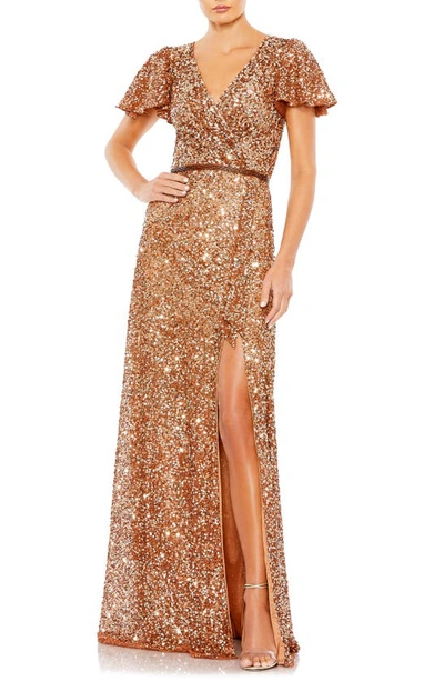 Mac Duggal Black And Gold Sequined Wrap Over Butterfly Sleeve Draped Gown In Orange