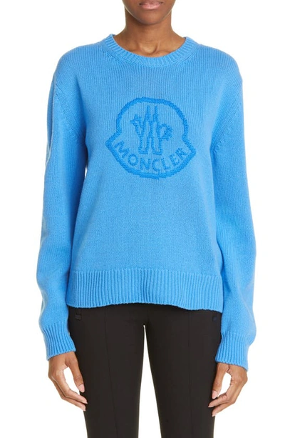 Moncler Embroidered Logo Virgin Wool & Cashmere Jumper In Blue