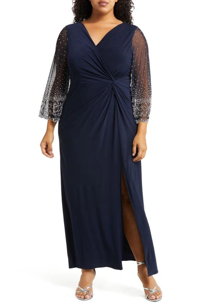 Alex Evenings Long Sleeve Surplice Neck Evening Dress In Dark Navy