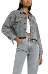 River Island Embellished Crop Raw Hem Denim Jacket In Grey